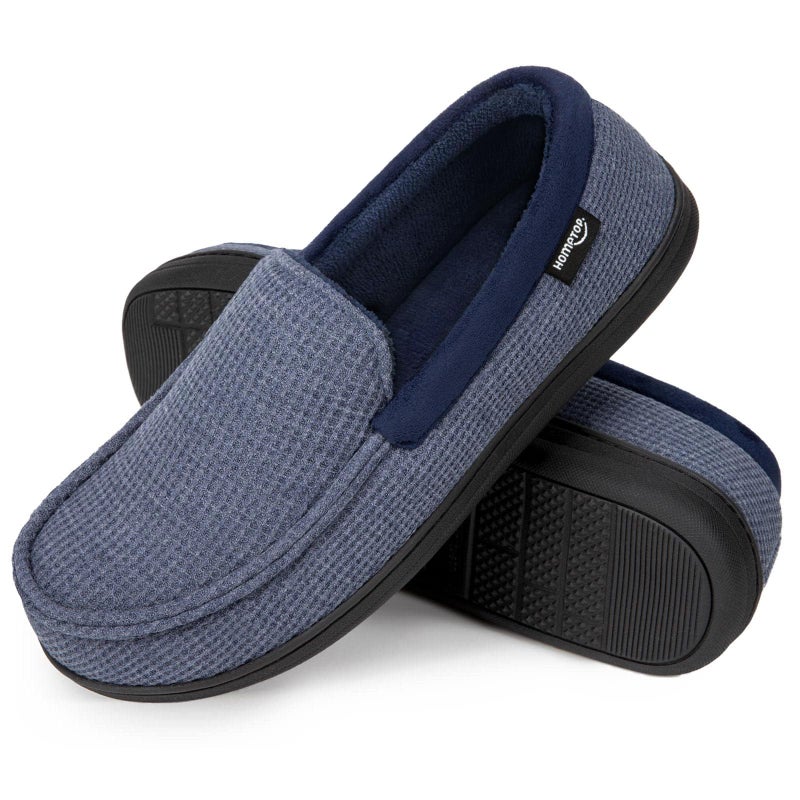 HomeTop Men's Comfort Memory Foam Moccasin Slippers, Breathable Cotton Knit Terry Cloth House Shoes for Indoor Outdoor (11 D(M) US, Demin Blue) - Image 1